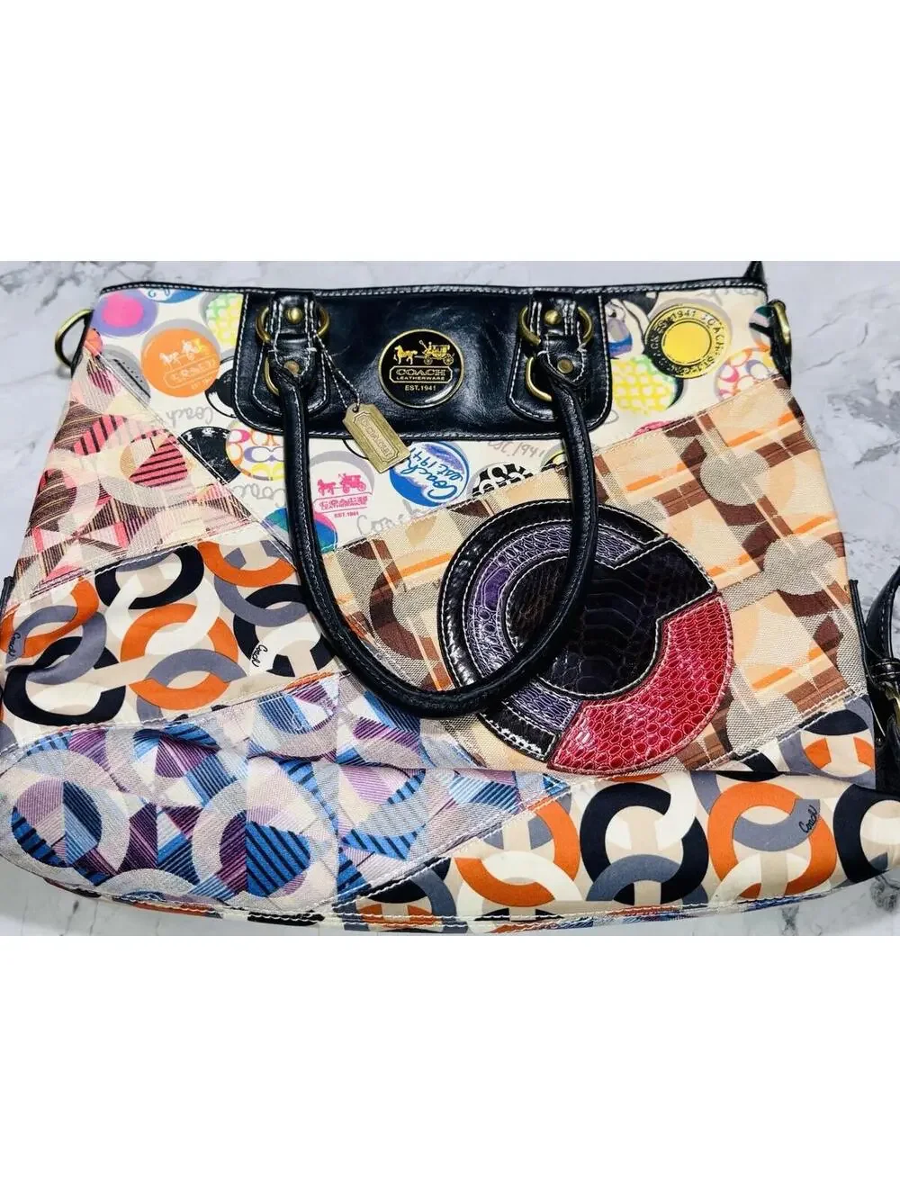 Coach Patchwork Tote Bag Multicolor Signature Satchel Purse